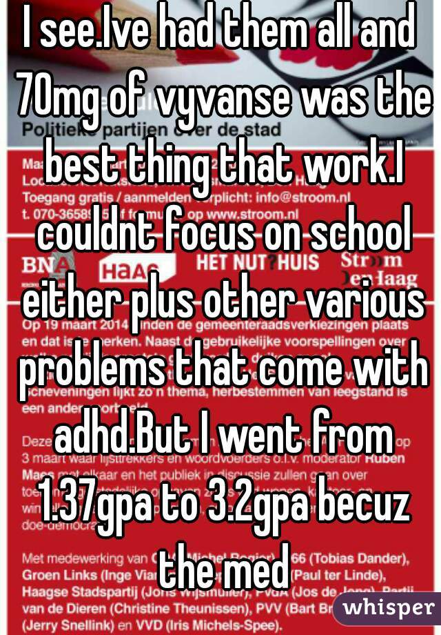 I see.Ive had them all and 70mg of vyvanse was the best thing that work.I couldnt focus on school either plus other various problems that come with adhd.But I went from 1.37gpa to 3.2gpa becuz the med