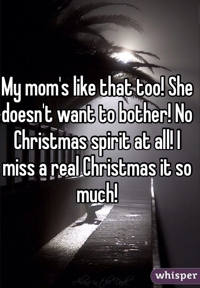 My mom's like that too! She doesn't want to bother! No Christmas spirit at all! I miss a real Christmas it so much!
