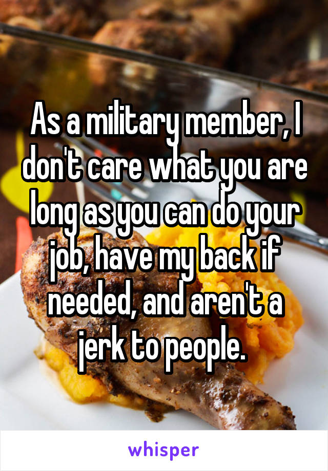 As a military member, I don't care what you are long as you can do your job, have my back if needed, and aren't a jerk to people. 