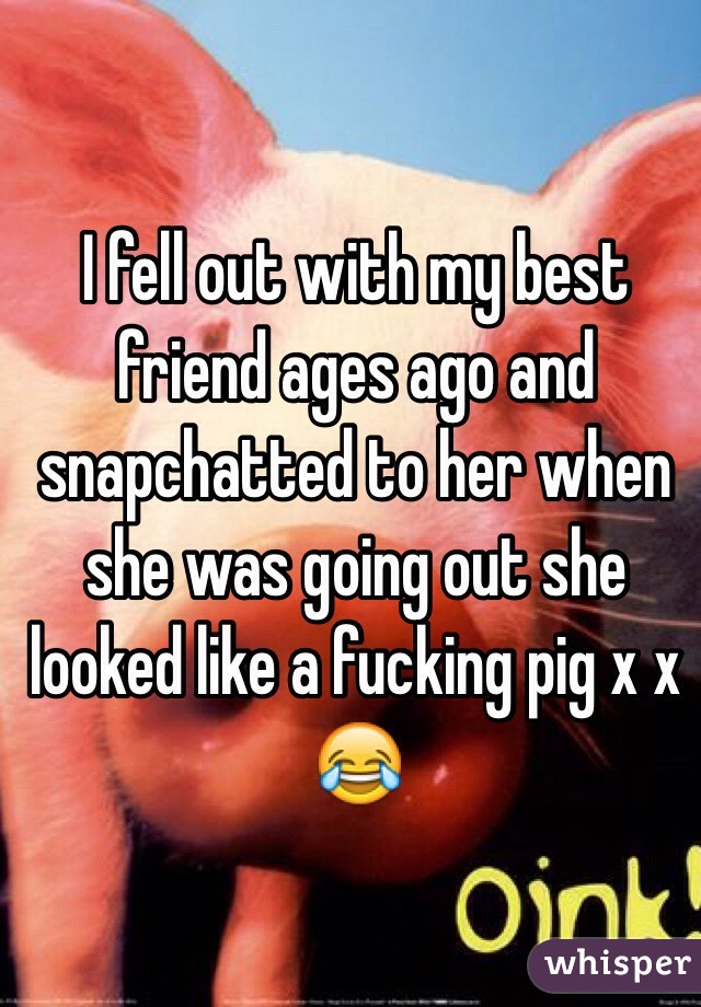 I fell out with my best friend ages ago and snapchatted to her when she was going out she looked like a fucking pig x x 😂