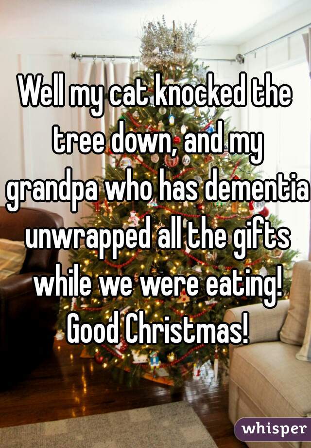 Well my cat knocked the tree down, and my grandpa who has dementia unwrapped all the gifts while we were eating! Good Christmas!
