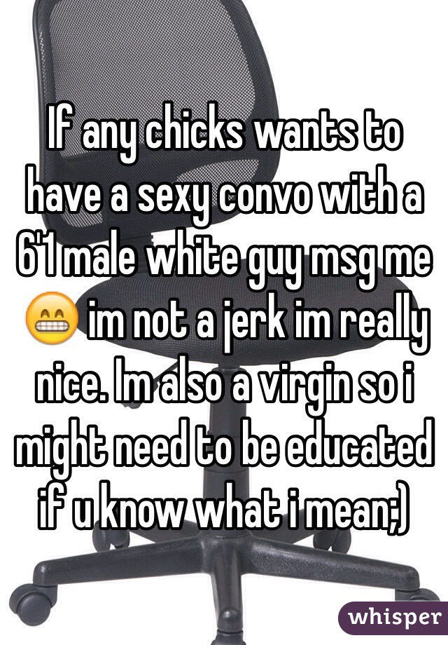 If any chicks wants to have a sexy convo with a 6'1 male white guy msg me 😁 im not a jerk im really nice. Im also a virgin so i might need to be educated if u know what i mean;)