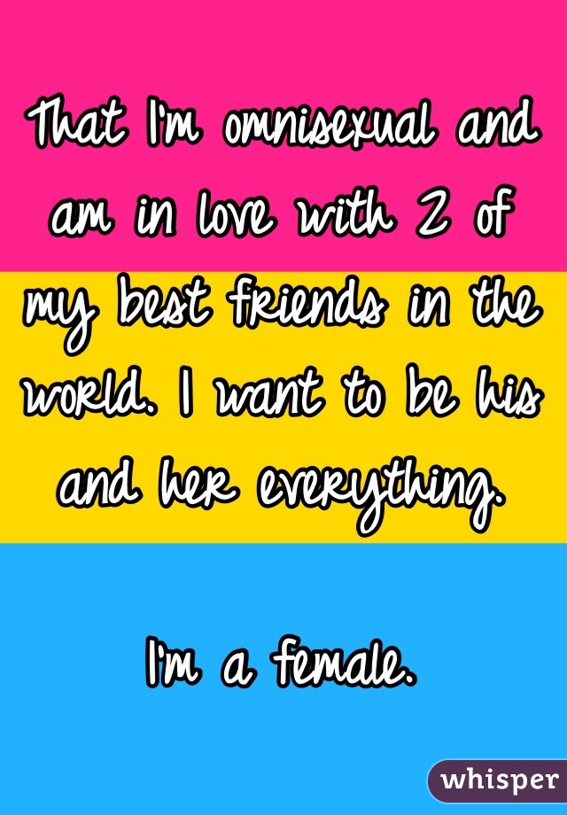 That I'm omnisexual and am in love with 2 of my best friends in the world. I want to be his and her everything.

I'm a female.