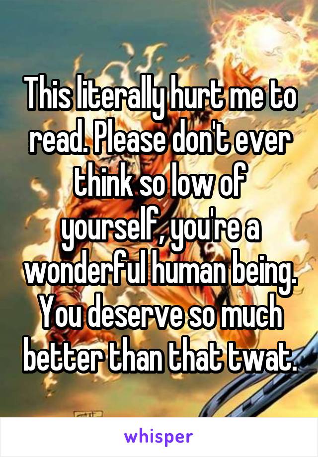 This literally hurt me to read. Please don't ever think so low of yourself, you're a wonderful human being. You deserve so much better than that twat.
