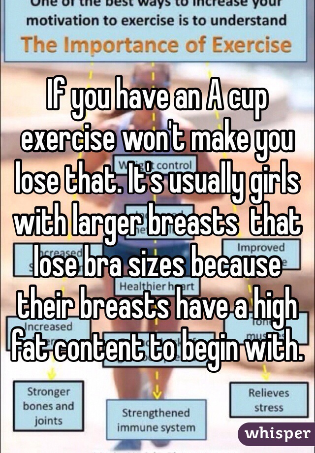 If you have an A cup exercise won't make you lose that. It's usually girls with larger breasts  that lose bra sizes because their breasts have a high fat content to begin with.