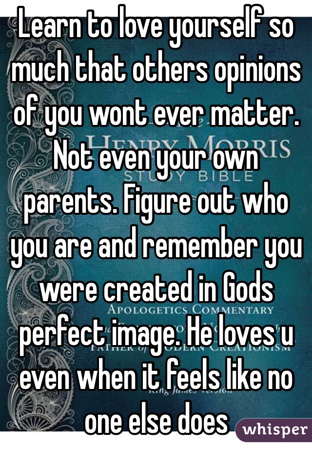 Learn to love yourself so much that others opinions of you wont ever matter. Not even your own parents. Figure out who you are and remember you were created in Gods perfect image. He loves u even when it feels like no one else does