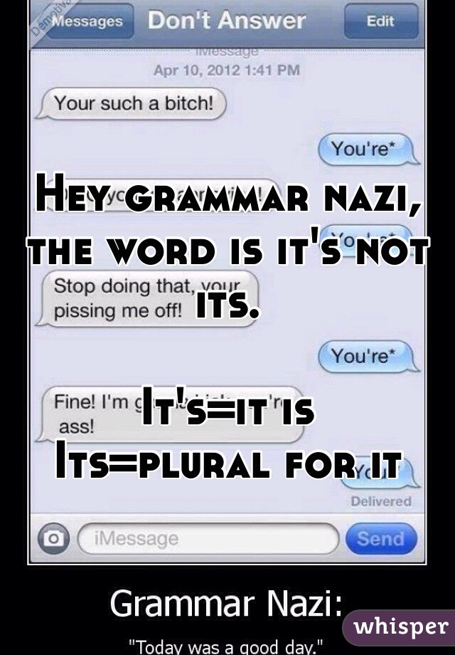 Hey grammar nazi,
the word is it's not its. 

It's=it is
Its=plural for it 