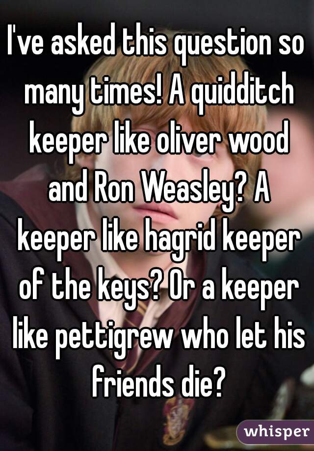 I've asked this question so many times! A quidditch keeper like oliver wood and Ron Weasley? A keeper like hagrid keeper of the keys? Or a keeper like pettigrew who let his friends die?