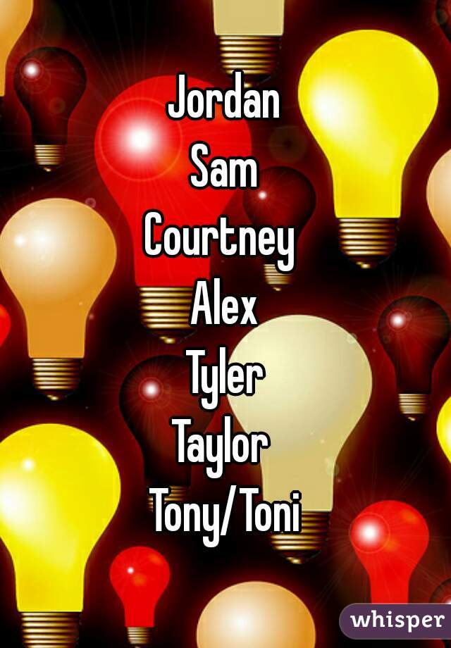 Jordan
Sam
Courtney 
Alex
Tyler
Taylor 
Tony/Toni
