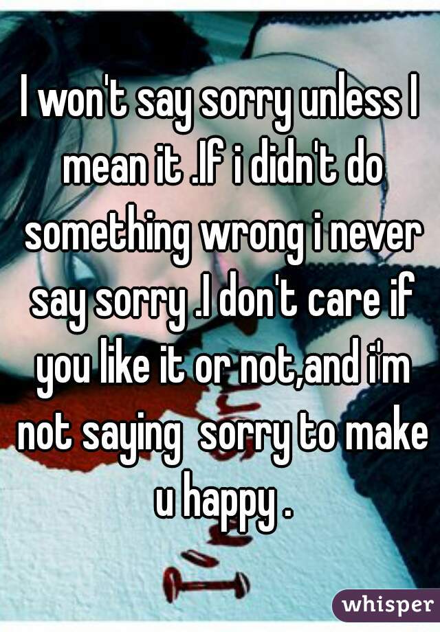 I won't say sorry unless I mean it .If i didn't do something wrong i never say sorry .I don't care if you like it or not,and i'm not saying  sorry to make u happy .
