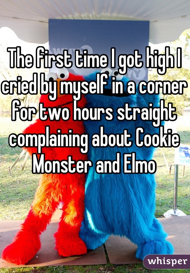 The first time I got high I cried by myself in a corner for two hours straight complaining about Cookie Monster and Elmo 