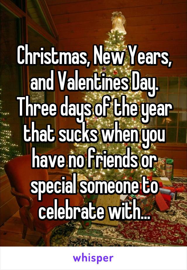 Christmas, New Years, and Valentines Day. Three days of the year that sucks when you have no friends or special someone to celebrate with...