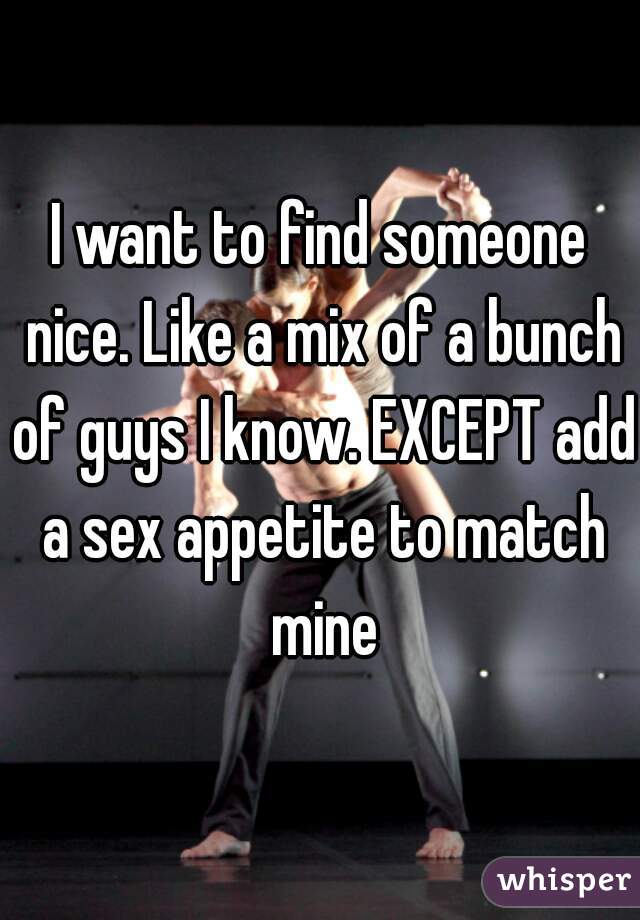 I want to find someone nice. Like a mix of a bunch of guys I know. EXCEPT add a sex appetite to match mine