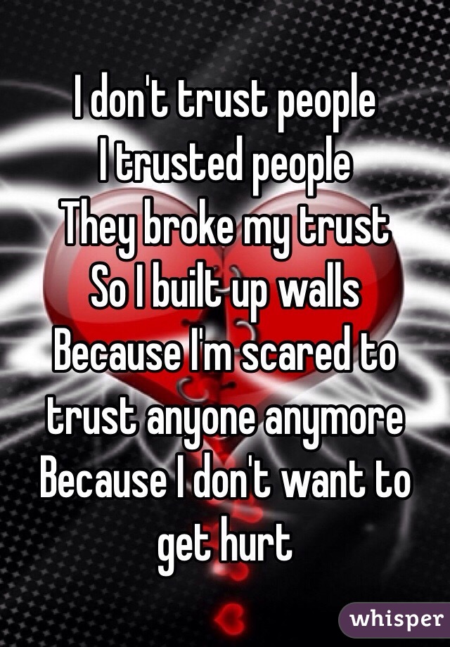 I don't trust people 
I trusted people 
They broke my trust 
So I built up walls 
Because I'm scared to trust anyone anymore 
Because I don't want to get hurt 