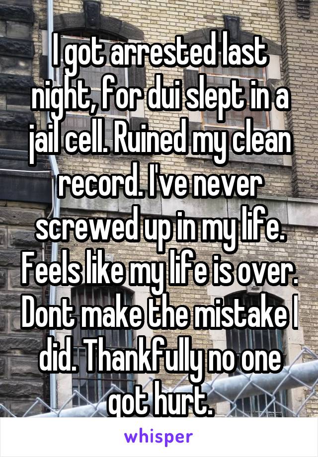 I got arrested last night, for dui slept in a jail cell. Ruined my clean record. I've never screwed up in my life. Feels like my life is over. Dont make the mistake I did. Thankfully no one got hurt.