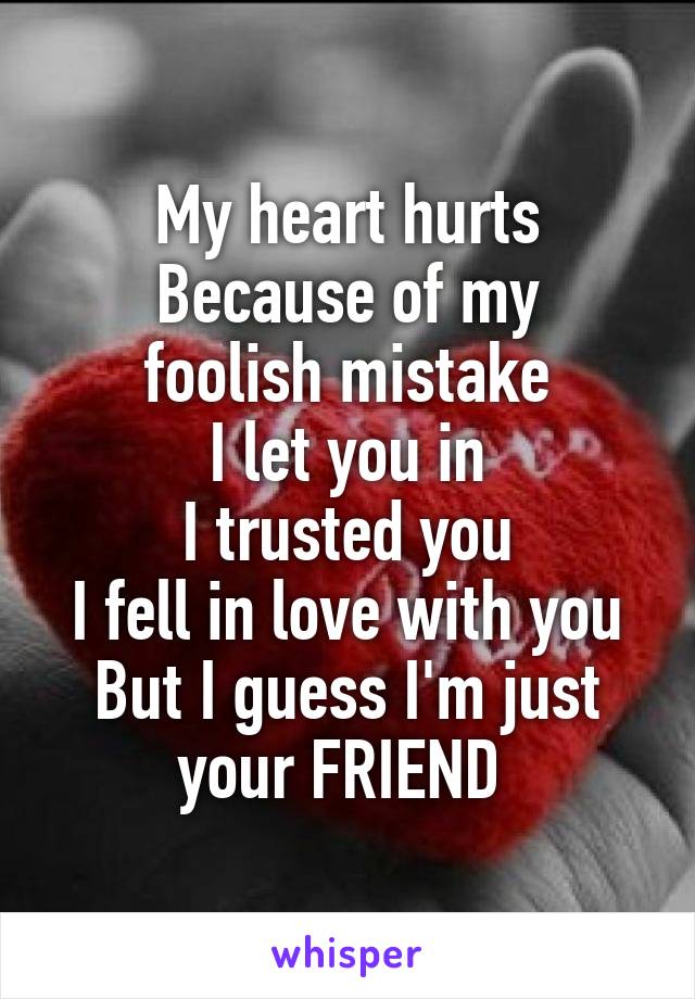 My heart hurts
Because of my foolish mistake
I let you in
I trusted you
I fell in love with you
But I guess I'm just your FRIEND 