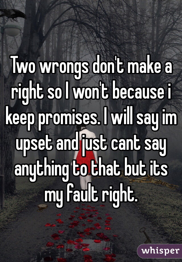 Two wrongs don't make a right so I won't because i keep promises. I will say im upset and just cant say anything to that but its my fault right. 