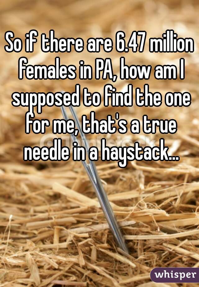 So if there are 6.47 million females in PA, how am I supposed to find the one for me, that's a true needle in a haystack...
