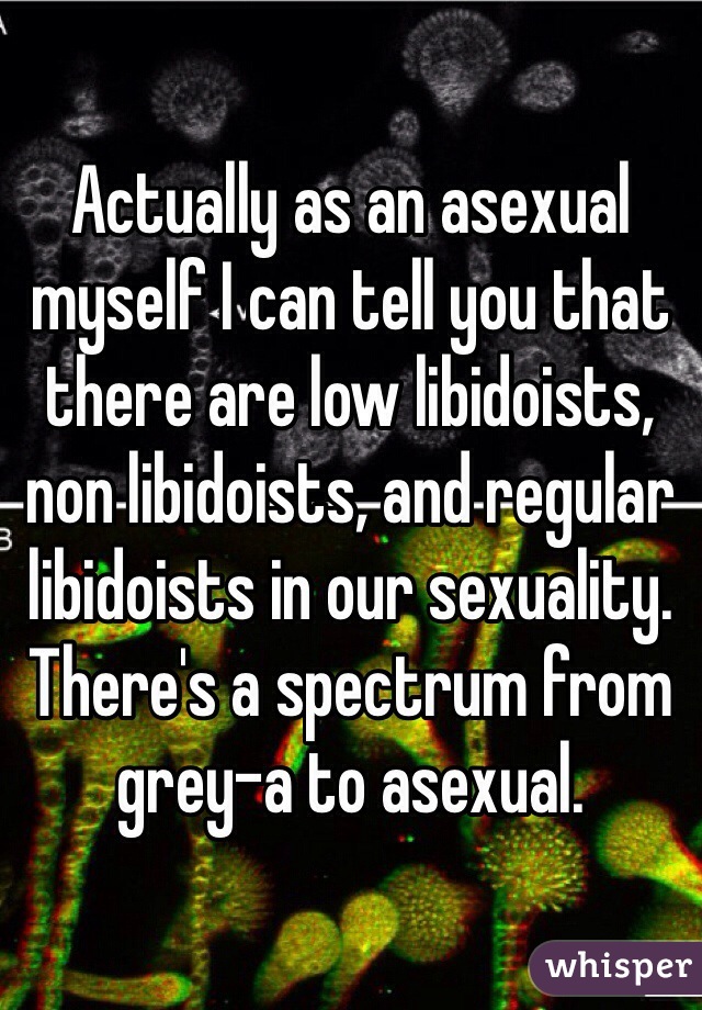Actually as an asexual myself I can tell you that there are low libidoists, non libidoists, and regular libidoists in our sexuality. There's a spectrum from grey-a to asexual. 