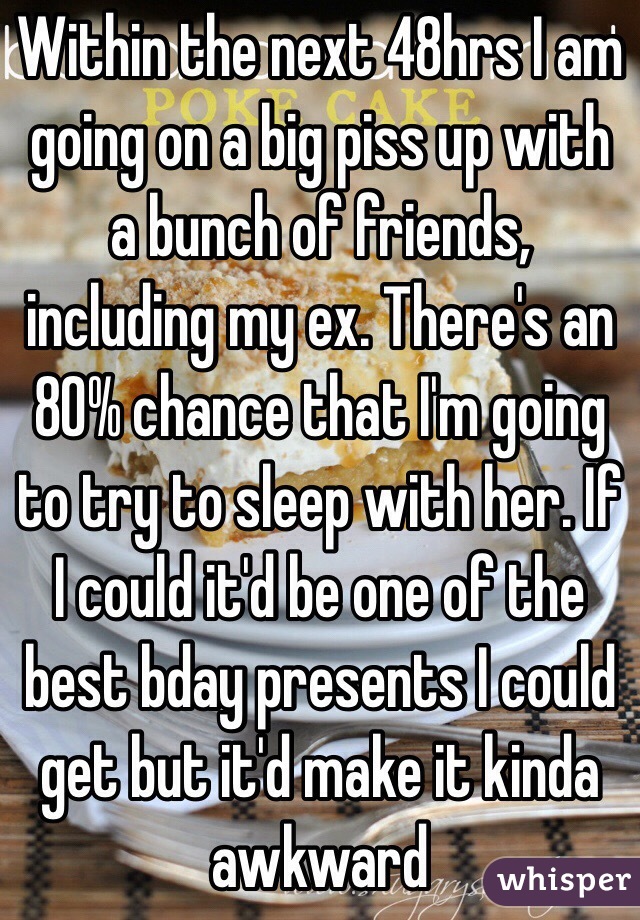 Within the next 48hrs I am going on a big piss up with a bunch of friends, including my ex. There's an 80% chance that I'm going to try to sleep with her. If I could it'd be one of the best bday presents I could get but it'd make it kinda awkward