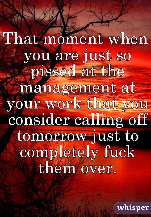That moment when you are just so pissed at the management at your work that you consider calling off tomorrow just to completely fuck them over.