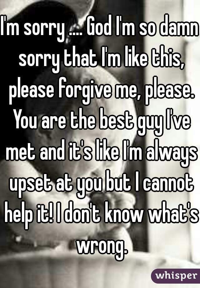 I'm sorry .... God I'm so damn sorry that I'm like this, please forgive me, please. You are the best guy I've met and it's like I'm always upset at you but I cannot help it! I don't know what's wrong.
