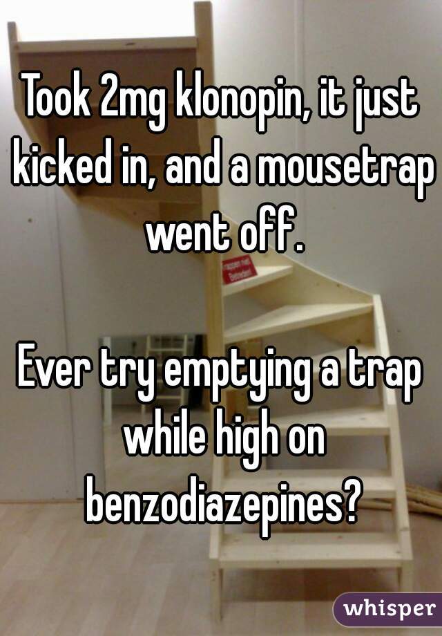 Took 2mg klonopin, it just kicked in, and a mousetrap went off.

Ever try emptying a trap while high on benzodiazepines?