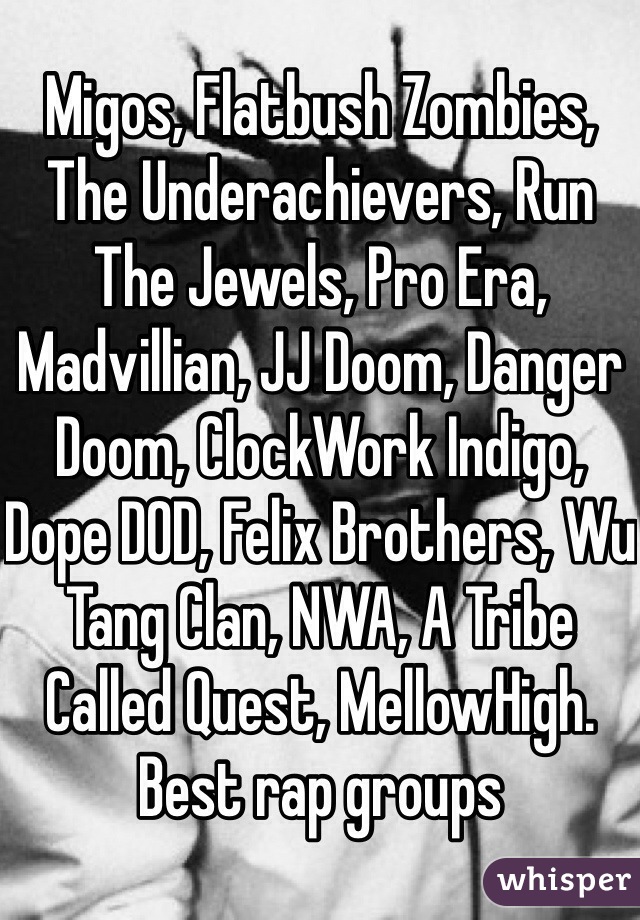 Migos, Flatbush Zombies, The Underachievers, Run The Jewels, Pro Era, Madvillian, JJ Doom, Danger Doom, ClockWork Indigo, Dope DOD, Felix Brothers, Wu Tang Clan, NWA, A Tribe Called Quest, MellowHigh. Best rap groups