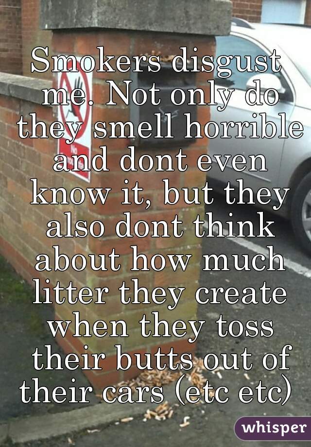 Smokers disgust me. Not only do they smell horrible and dont even know it, but they also dont think about how much litter they create when they toss their butts out of their cars (etc etc) 