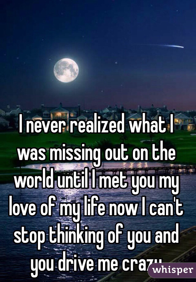 I never realized what I was missing out on the world until I met you my love of my life now I can't stop thinking of you and you drive me crazy