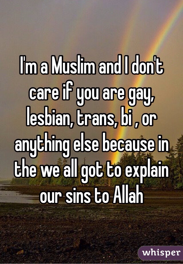 I'm a Muslim and I don't care if you are gay, lesbian, trans, bi , or anything else because in the we all got to explain our sins to Allah 