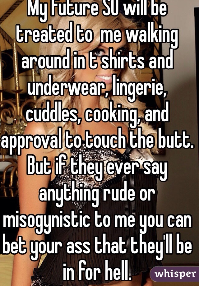 My future SO will be treated to  me walking around in t shirts and underwear, lingerie, cuddles, cooking, and approval to touch the butt. But if they ever say anything rude or misogynistic to me you can bet your ass that they'll be in for hell.  