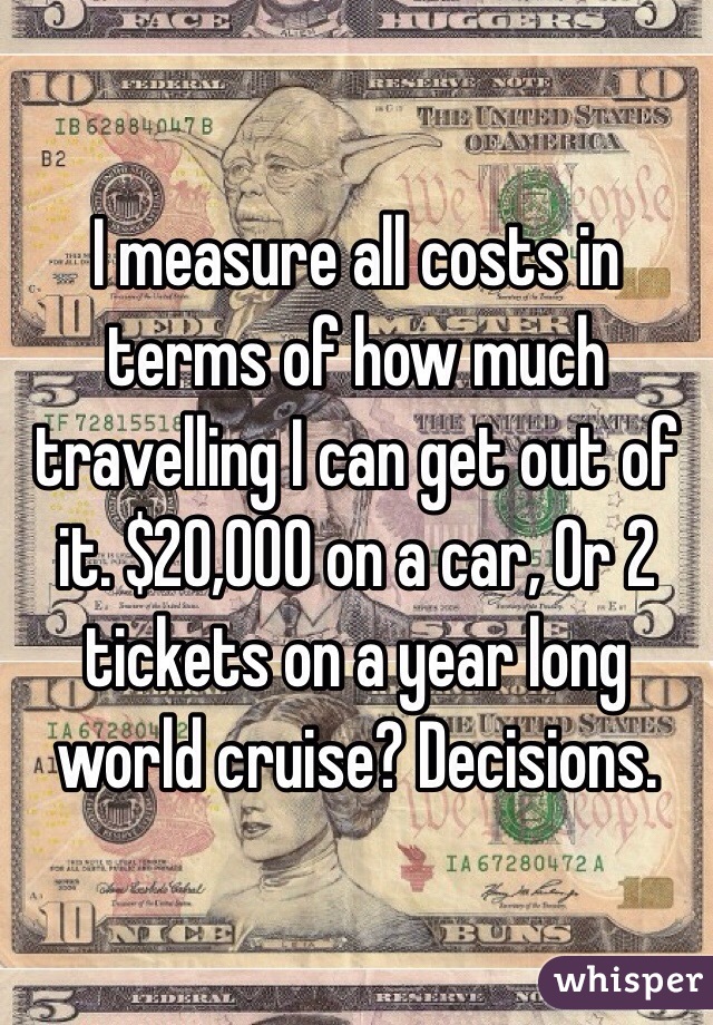 I measure all costs in terms of how much travelling I can get out of it. $20,000 on a car, Or 2 tickets on a year long world cruise? Decisions.