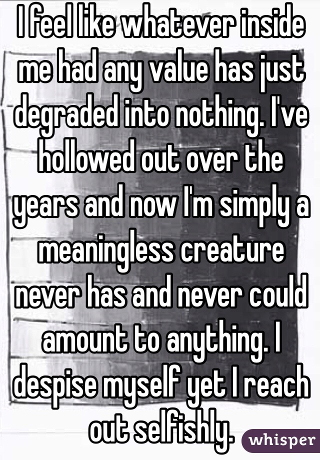 I feel like whatever inside me had any value has just degraded into nothing. I've hollowed out over the years and now I'm simply a meaningless creature never has and never could amount to anything. I despise myself yet I reach out selfishly. 