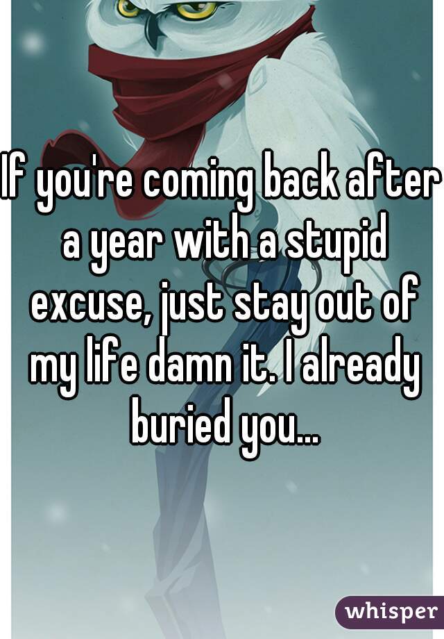 If you're coming back after a year with a stupid excuse, just stay out of my life damn it. I already buried you...