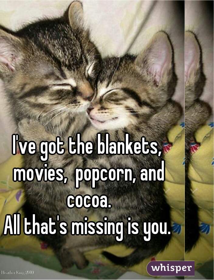 I've got the blankets, movies,  popcorn, and cocoa.
All that's missing is you.
