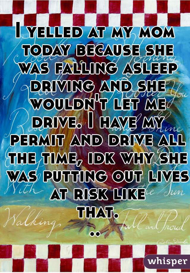 I yelled at my mom today because she was falling asleep driving and she wouldn't let me drive. I have my permit and drive all the time, idk why she was putting out lives at risk like that...