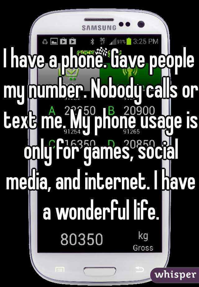 I have a phone. Gave people my number. Nobody calls or text me. My phone usage is only for games, social media, and internet. I have a wonderful life.