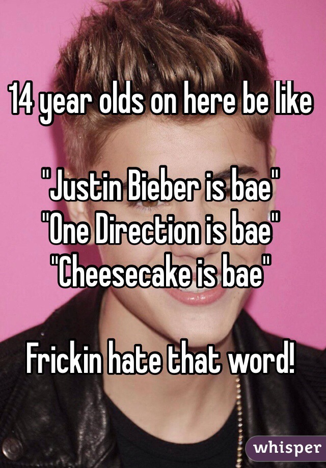 14 year olds on here be like 

"Justin Bieber is bae" 
"One Direction is bae" 
"Cheesecake is bae" 

Frickin hate that word! 

