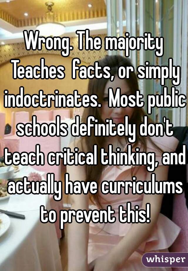 Wrong. The majority Teaches  facts, or simply indoctrinates.  Most public schools definitely don't teach critical thinking, and actually have curriculums to prevent this!