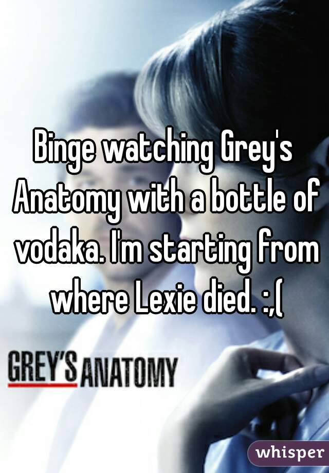 Binge watching Grey's Anatomy with a bottle of vodaka. I'm starting from where Lexie died. :,(