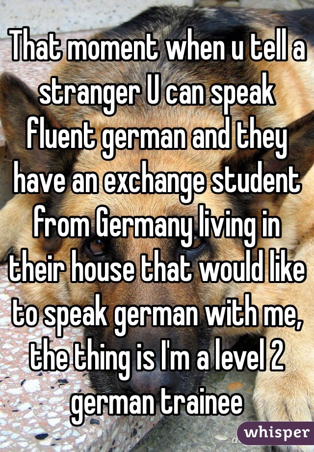 That moment when u tell a stranger U can speak fluent german and they have an exchange student from Germany living in their house that would like to speak german with me, the thing is I'm a level 2 german trainee