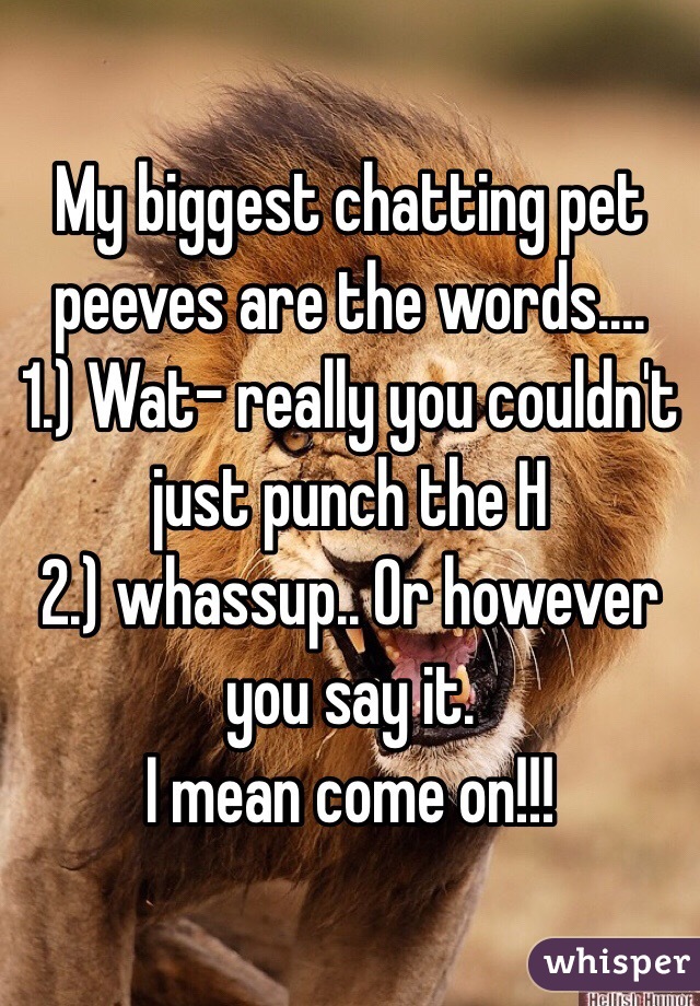 My biggest chatting pet peeves are the words.... 
1.) Wat- really you couldn't just punch the H
2.) whassup.. Or however you say it. 
I mean come on!!!