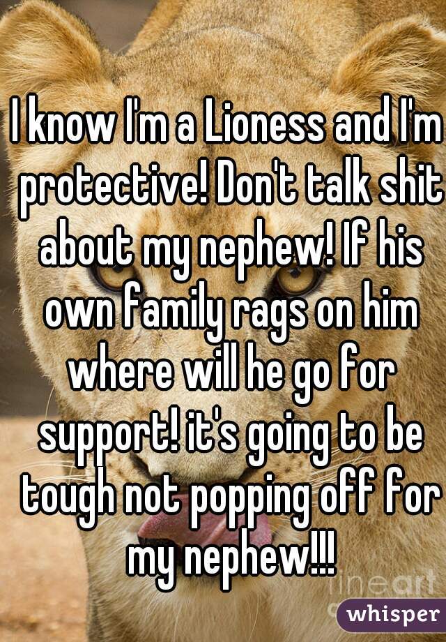 I know I'm a Lioness and I'm protective! Don't talk shit about my nephew! If his own family rags on him where will he go for support! it's going to be tough not popping off for my nephew!!!