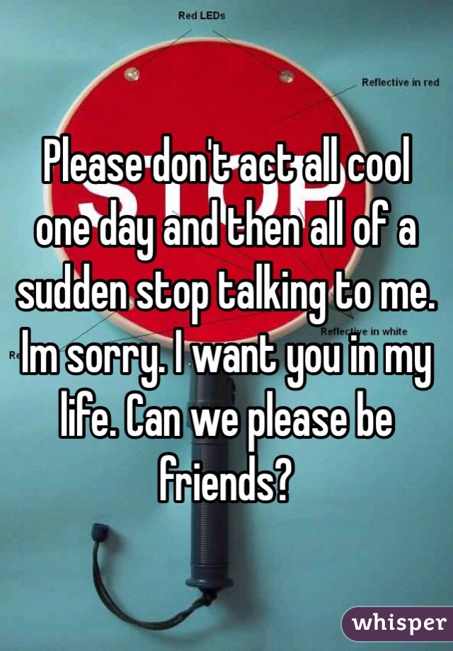 Please don't act all cool one day and then all of a sudden stop talking to me. Im sorry. I want you in my life. Can we please be friends?