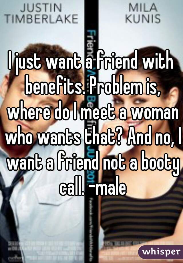 I just want a friend with benefits. Problem is, where do I meet a woman who wants that? And no, I want a friend not a booty call. -male