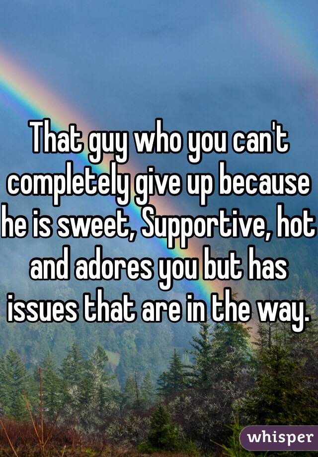 That guy who you can't completely give up because he is sweet, Supportive, hot and adores you but has issues that are in the way.  