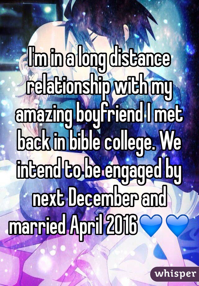 I'm in a long distance relationship with my amazing boyfriend I met back in bible college. We intend to be engaged by next December and married April 2016💙💙