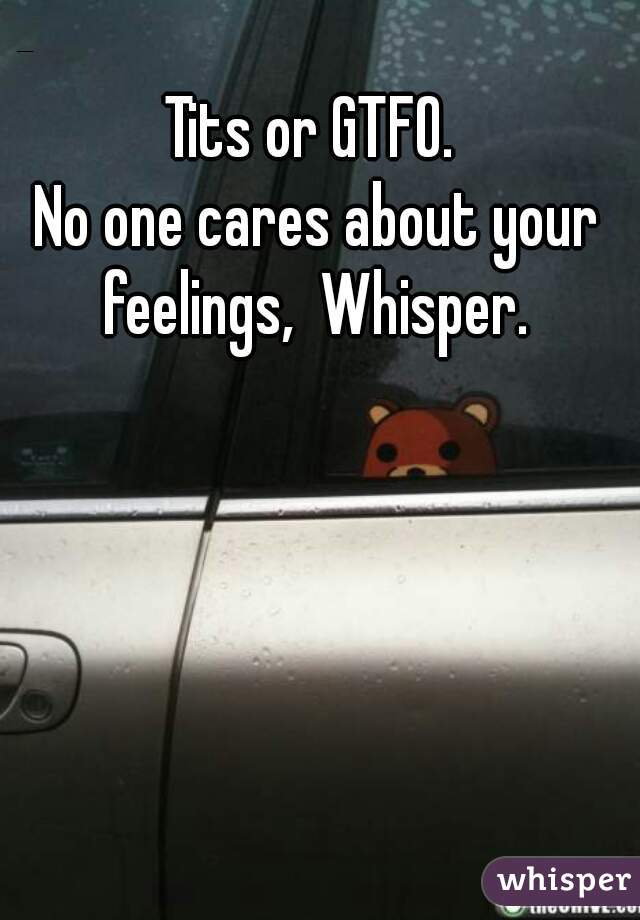 Tits or GTFO. 
No one cares about your feelings,  Whisper. 