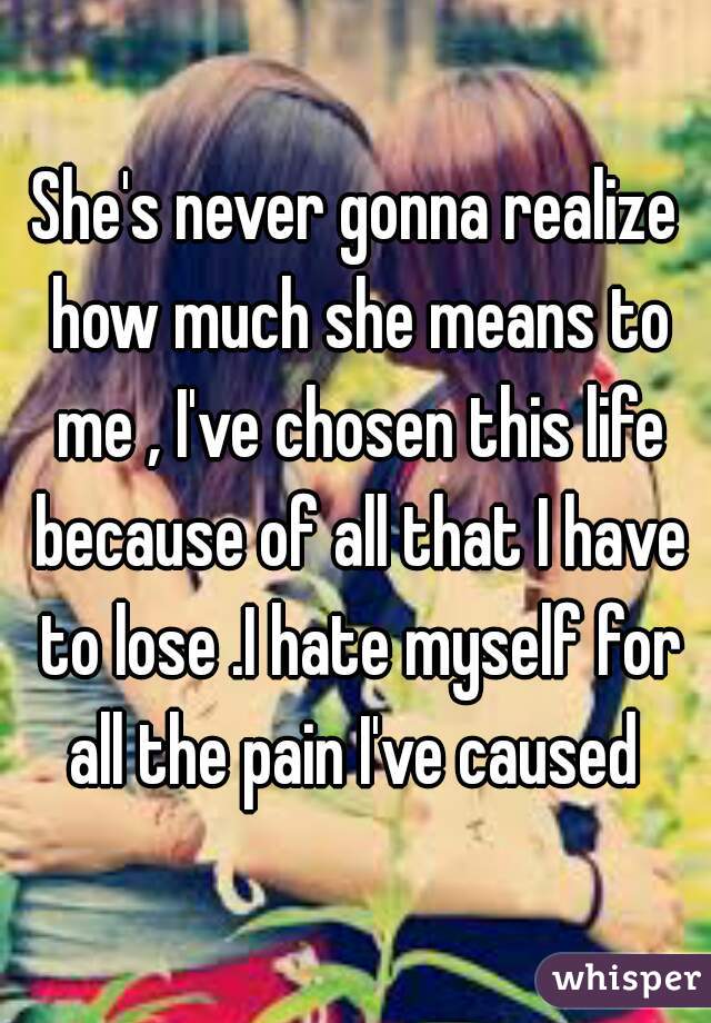 She's never gonna realize how much she means to me , I've chosen this life because of all that I have to lose .I hate myself for all the pain I've caused 